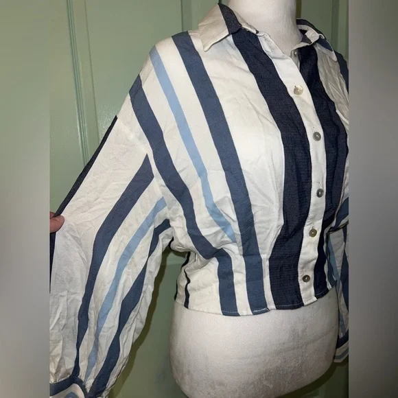 Zara trf White Blue Stripped Crop Blouse - Picture 7 of 15